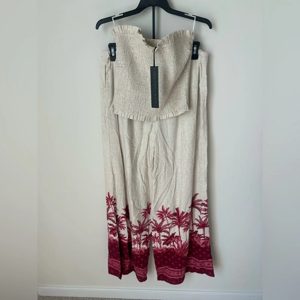 Beige pink palm tree print tube top & wide leg pants two piece set